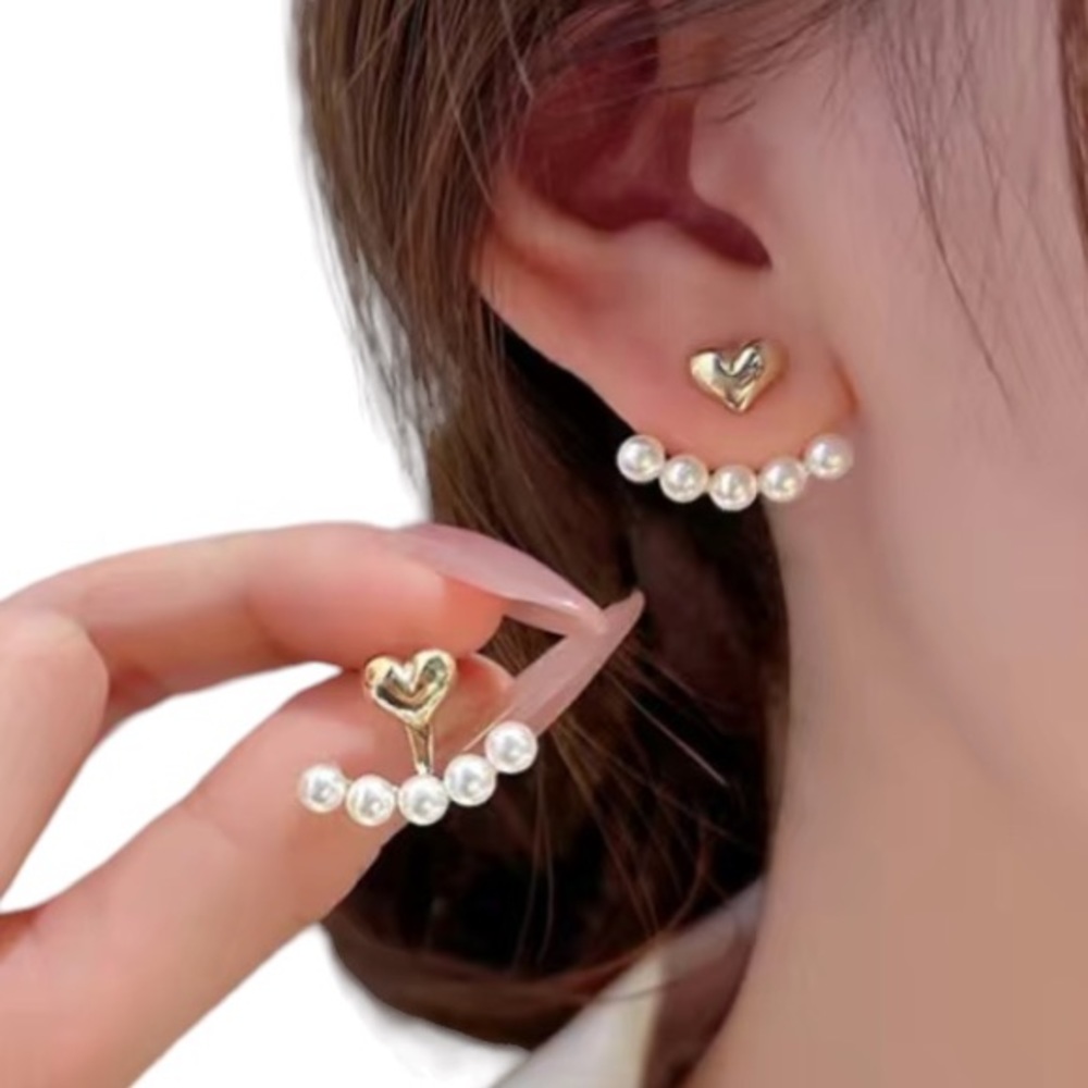 Gold Toned Heart & Pearl Cuff Earrings